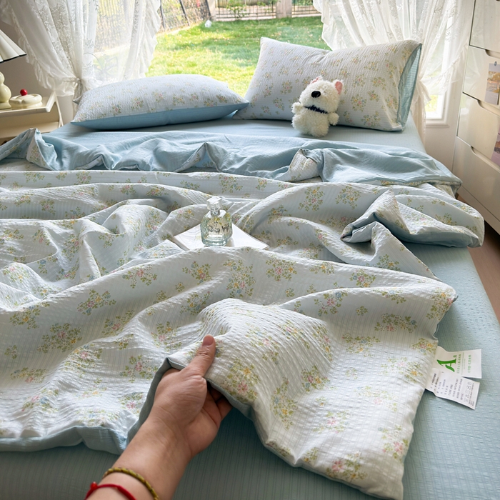 王朝国际 2025新款直播热款有氧双层纱碎花夏被四件套 兰亭