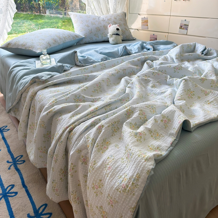 91家纺网 家纺一手货源 找家纺 王朝国际 2026新款直播热款有氧双层纱碎花夏被四件套 兰亭