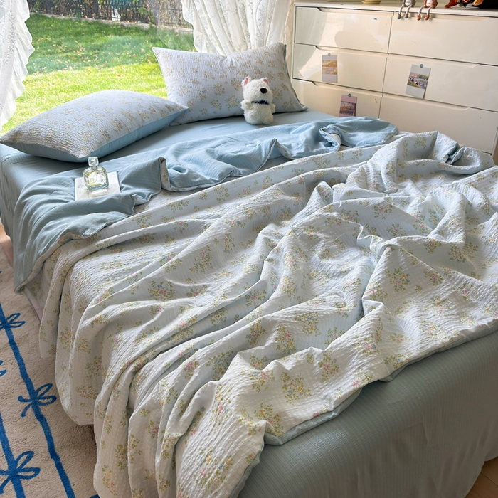 91家纺网 家纺一手货源 找家纺 王朝国际 2026新款直播热款有氧双层纱碎花夏被四件套 兰亭