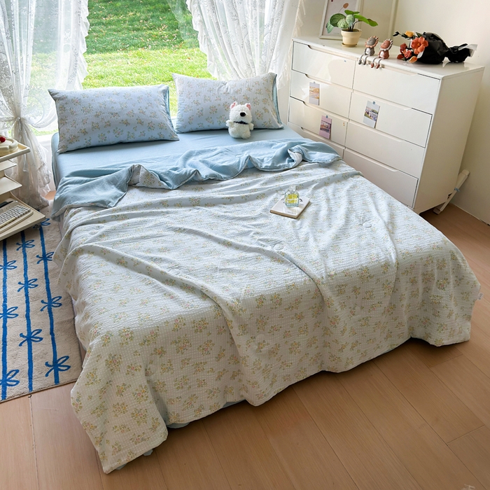 91家纺网 家纺一手货源 找家纺 王朝国际 2026新款直播热款有氧双层纱碎花夏被四件套 兰亭