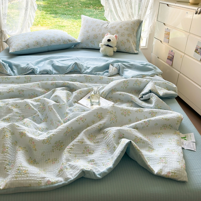 91家纺网 家纺一手货源 找家纺 王朝国际 2026新款直播热款有氧双层纱碎花夏被四件套 兰亭