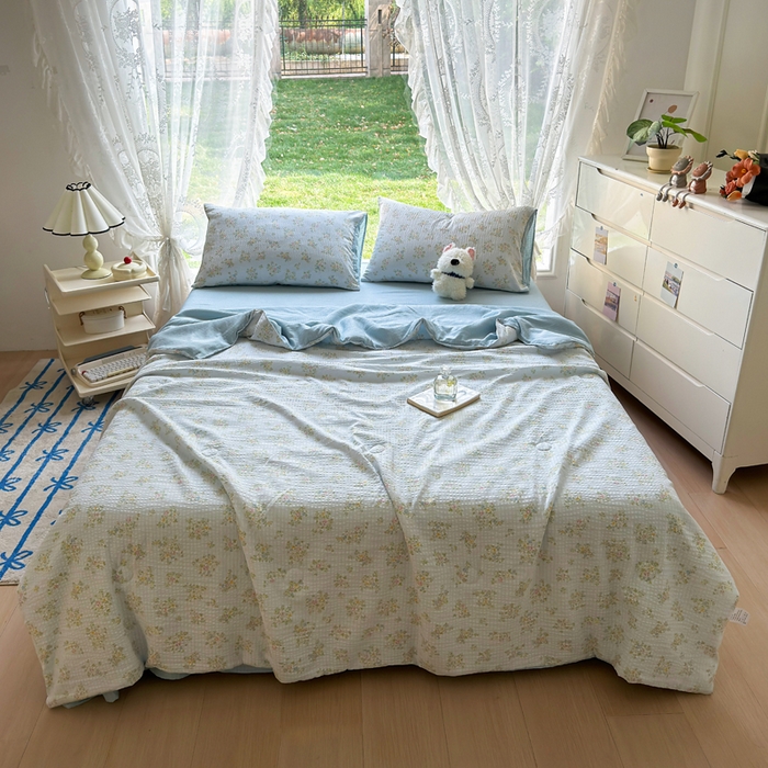 91家纺网 家纺一手货源 找家纺 王朝国际 2026新款直播热款有氧双层纱碎花夏被四件套 兰亭