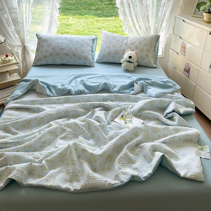 91家纺网 家纺一手货源 找家纺 王朝国际 2026新款直播热款有氧双层纱碎花夏被四件套 兰亭