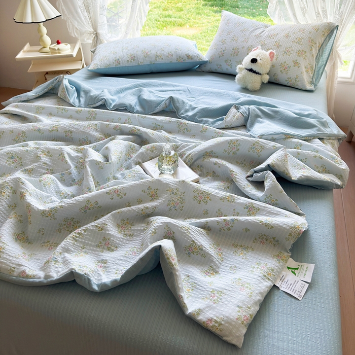 91家纺网 家纺一手货源 找家纺 王朝国际 2026新款直播热款有氧双层纱碎花夏被四件套 兰亭