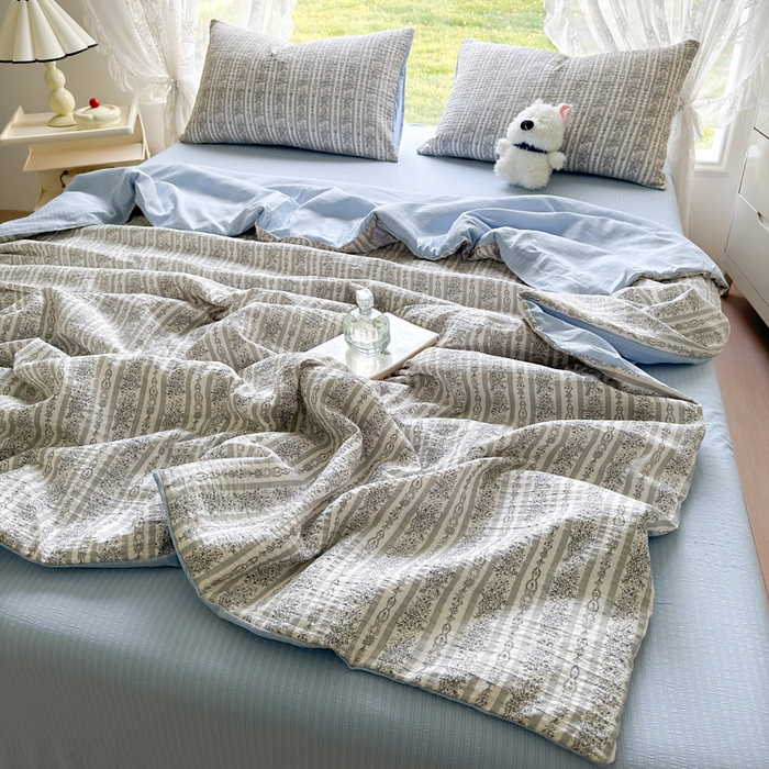 91家纺网 家纺一手货源 找家纺 王朝国际 2026新款直播热款有氧双层纱碎花夏被四件套 蓝墨