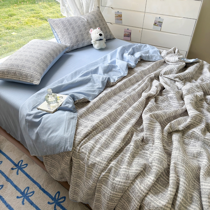 91家纺网 家纺一手货源 找家纺 王朝国际 2026新款直播热款有氧双层纱碎花夏被四件套 蓝墨