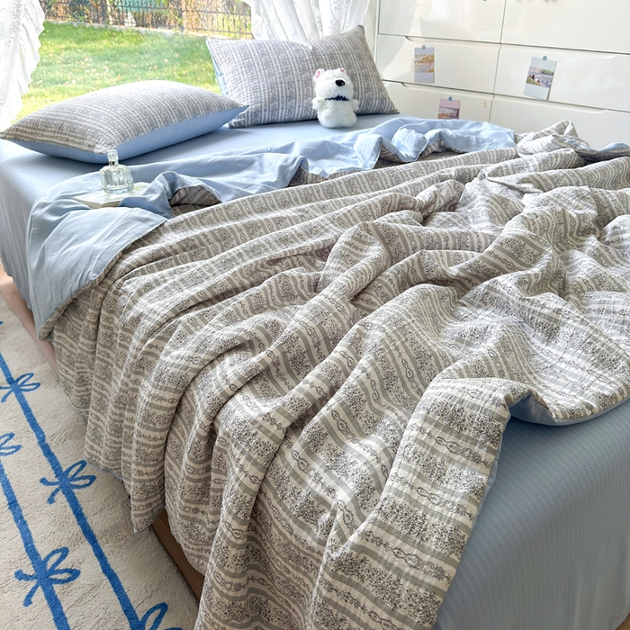 91家纺网 家纺一手货源 找家纺 王朝国际 2026新款直播热款有氧双层纱碎花夏被四件套 蓝墨