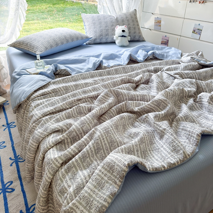 91家纺网 家纺一手货源 找家纺 王朝国际 2026新款直播热款有氧双层纱碎花夏被四件套 蓝墨