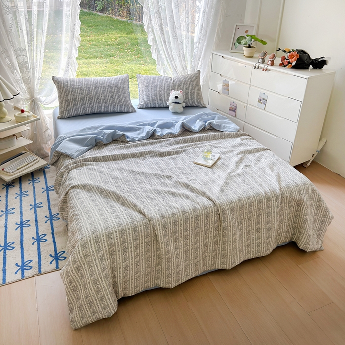 91家纺网 家纺一手货源 找家纺 王朝国际 2026新款直播热款有氧双层纱碎花夏被四件套 蓝墨