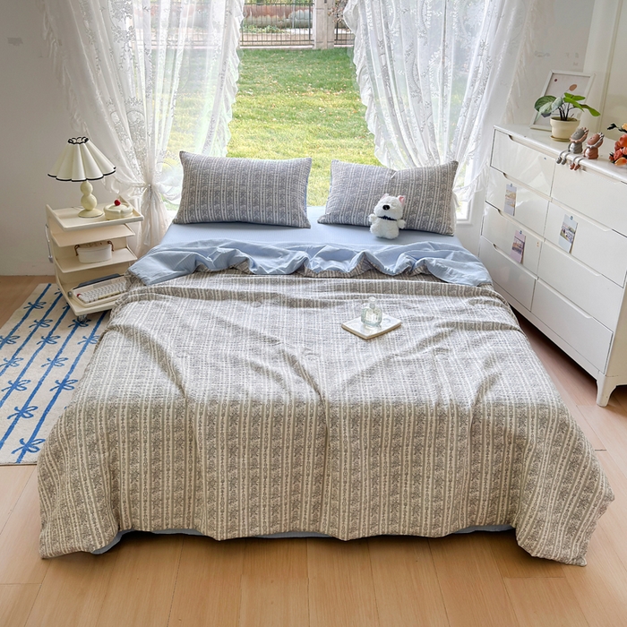 91家纺网 家纺一手货源 找家纺 王朝国际 2026新款直播热款有氧双层纱碎花夏被四件套 蓝墨