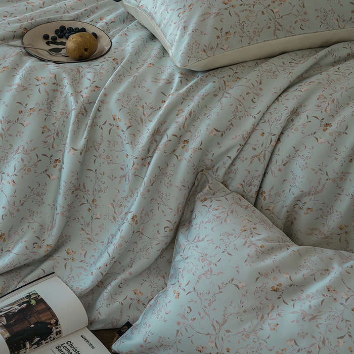 91家纺网 家纺一手货源 找家纺 咏绒家纺工厂店 2025新款A类奥地利进口天丝轻奢花卉款四件套系列 慕莎绿-风格二