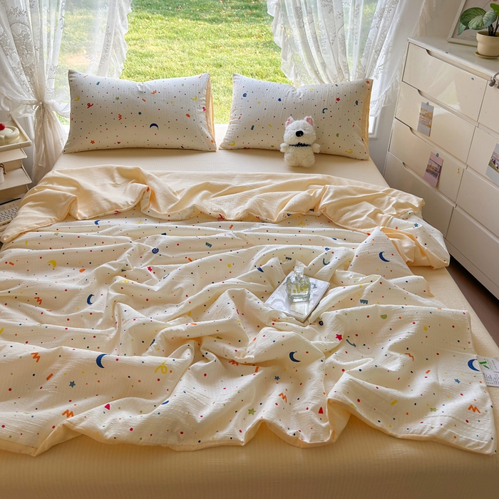 91家纺网 家纺一手货源 找家纺 王朝国际 2025新款直播热款有氧双层纱碎花夏被四件套 奶油派