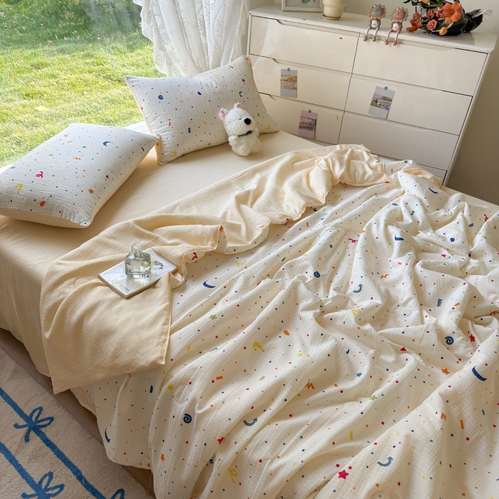 91家纺网 家纺一手货源 找家纺 王朝国际 2025新款直播热款有氧双层纱碎花夏被四件套 奶油派