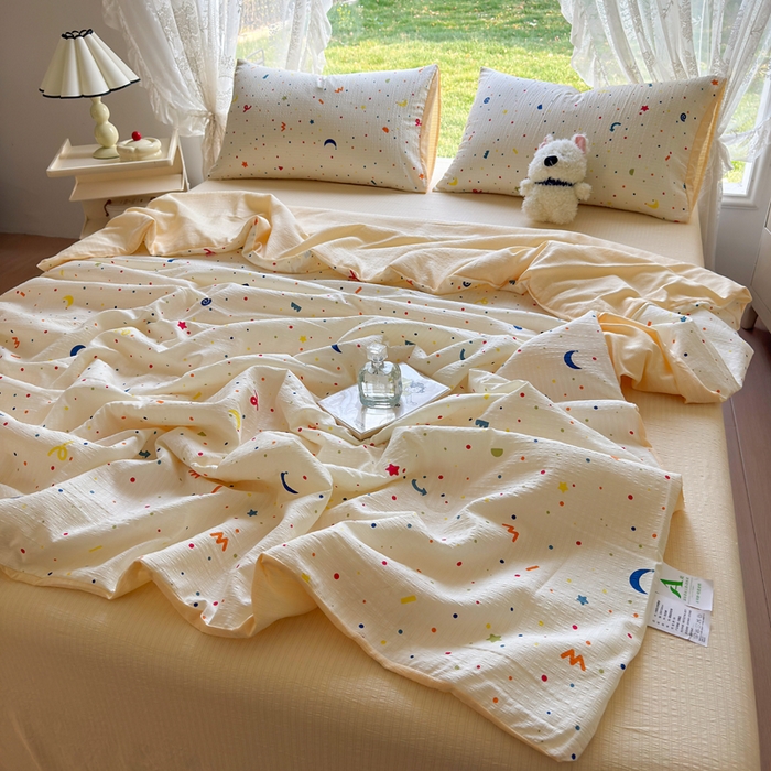 91家纺网 家纺一手货源 找家纺 王朝国际 2025新款直播热款有氧双层纱碎花夏被四件套 奶油派