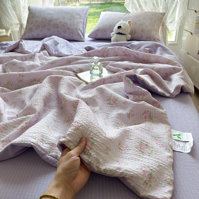 王朝国际 2025新款直播热款有氧双层纱碎花夏被四件套 紫陌