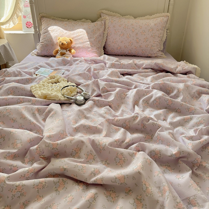 91家纺网 家纺一手货源 找家纺 轻奢坊 2025新款漏空花边水洗棉夏被四件套 紫雾