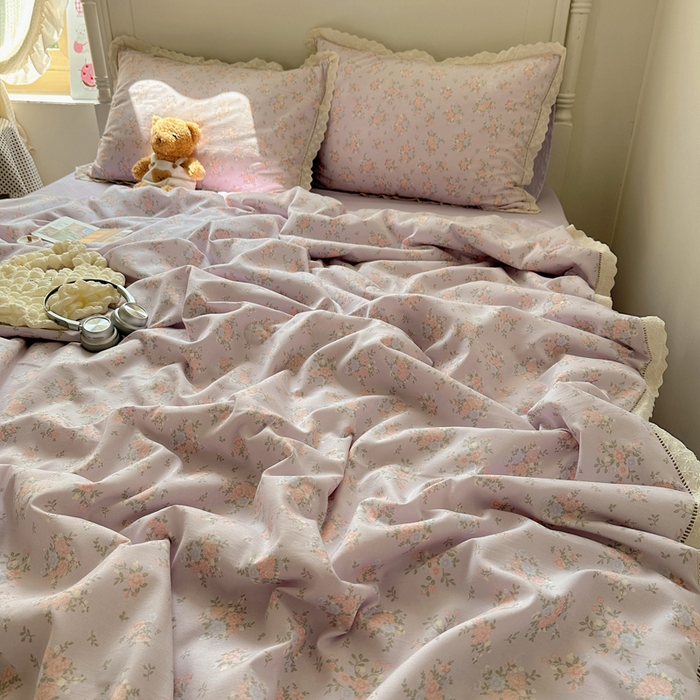 91家纺网 家纺一手货源 找家纺 轻奢坊 2025新款漏空花边水洗棉夏被四件套 紫雾