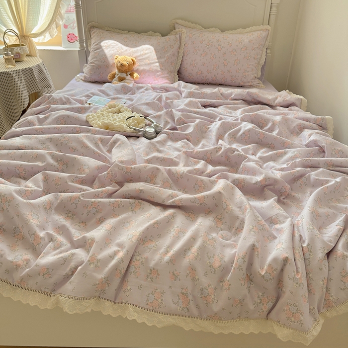 91家纺网 家纺一手货源 找家纺 轻奢坊 2025新款漏空花边水洗棉夏被四件套 紫雾