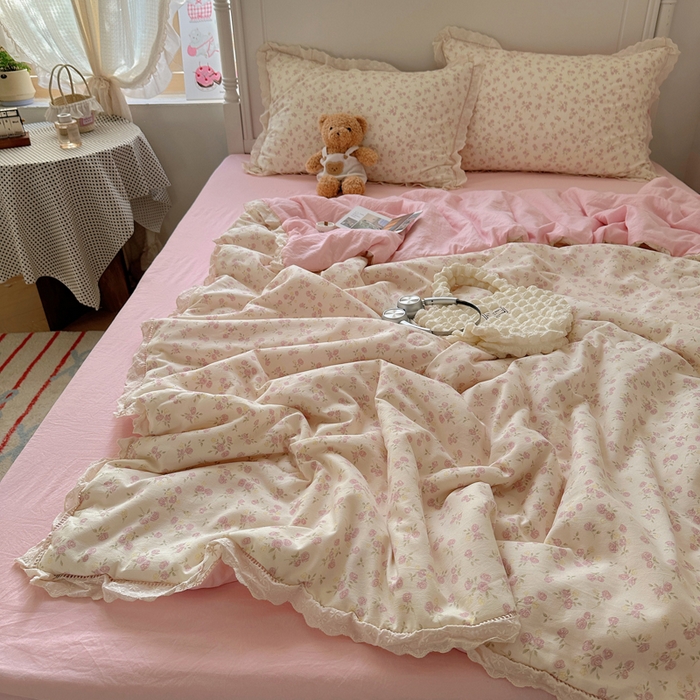 轻奢坊 2025新款漏空花边水洗棉夏被四件套 春意粉