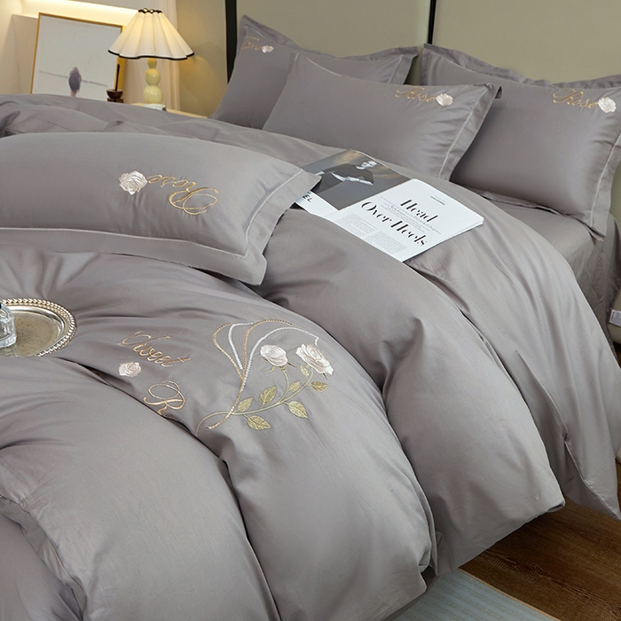 晶缦家纺 2025新款纯棉喷气全棉13376刺绣四件套 梦境幽兰-高级灰