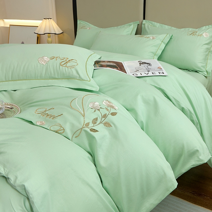 晶缦家纺 2025新款纯棉喷气全棉13376刺绣四件套 梦境幽兰-清新绿