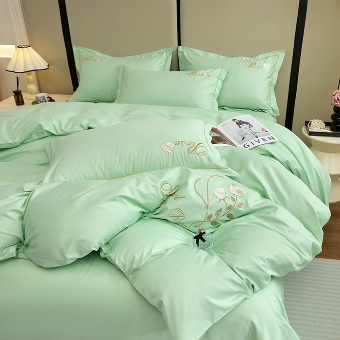 91家纺网 家纺一手货源 找家纺 晶缦家纺 2025新款纯棉喷气全棉13376刺绣四件套 梦境幽兰-清新绿