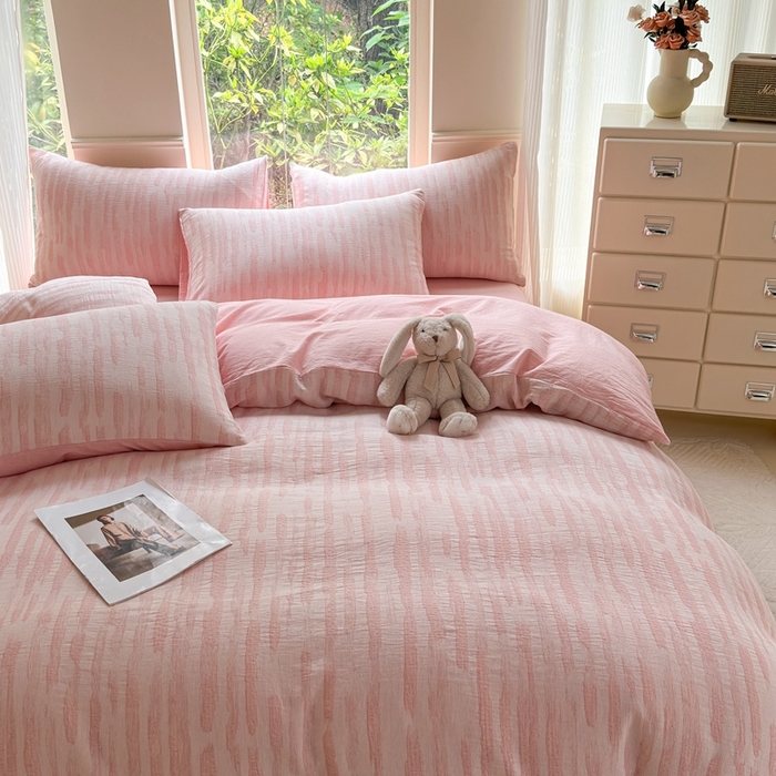 菡宝 2025新款a类母婴级全棉色织三层纱提花被套纯棉被罩四件套支持定做定制尺寸 艾瑞-粉