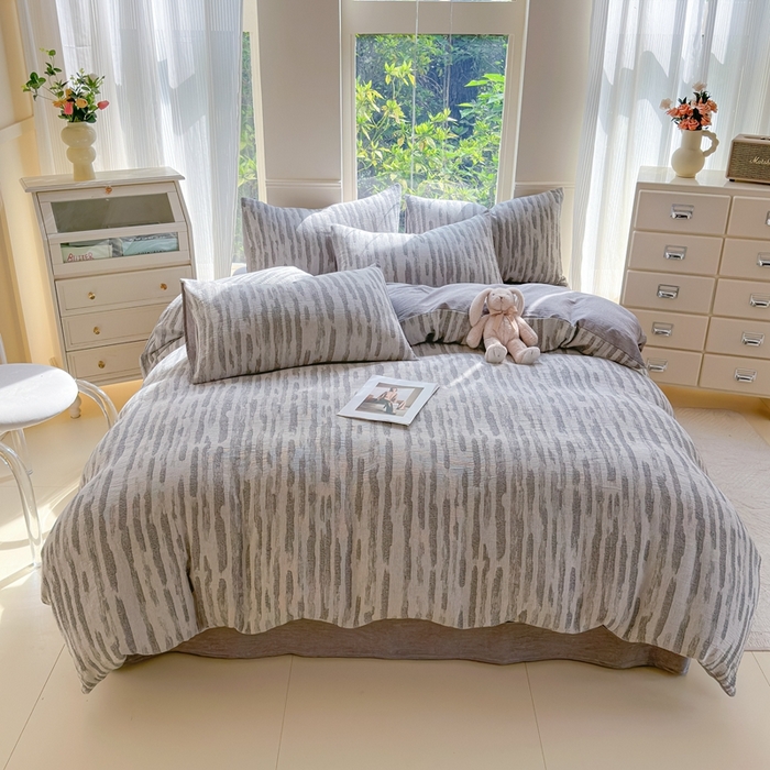 91家纺网 家纺一手货源 找家纺 菡宝 2025新款a类母婴级全棉色织三层纱提花被套纯棉被罩四件套支持定做定制尺寸 艾瑞-灰