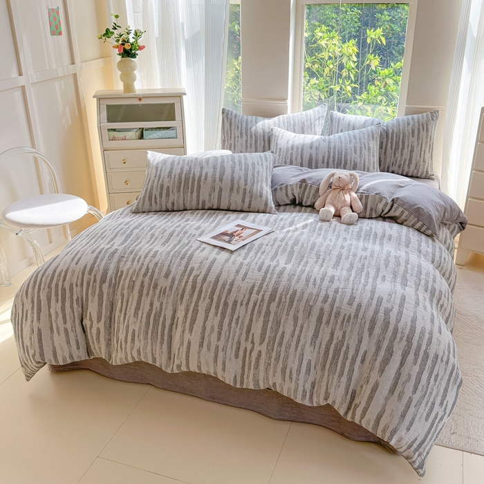 91家纺网 家纺一手货源 找家纺 菡宝 2025新款a类母婴级全棉色织三层纱提花被套纯棉被罩四件套支持定做定制尺寸 艾瑞-灰