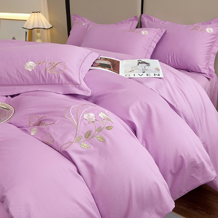 晶缦家纺 2025新款纯棉喷气全棉13376刺绣四件套 梦境幽兰-优雅紫