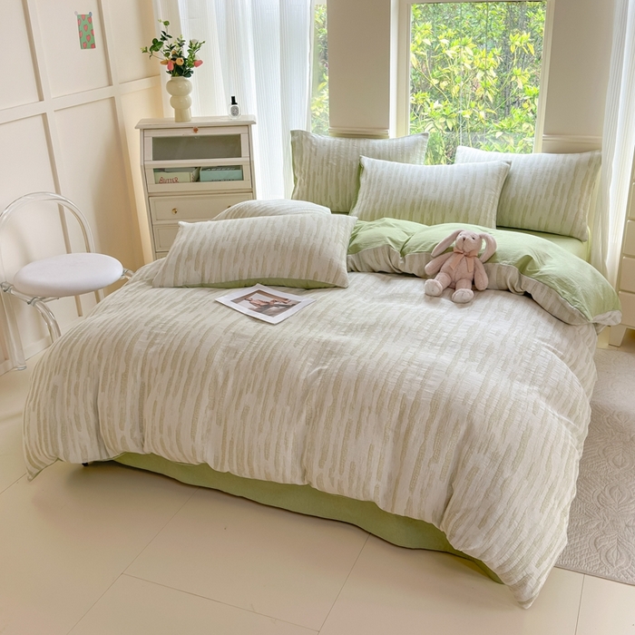 91家纺网 家纺一手货源 找家纺 菡宝 2025新款a类母婴级全棉色织三层纱提花被套纯棉被罩四件套支持定做定制尺寸 艾瑞-绿