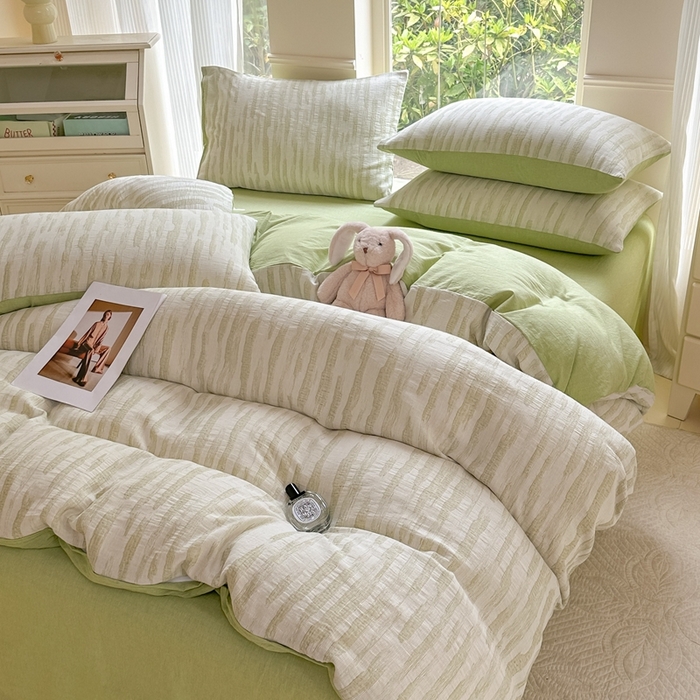 91家纺网 家纺一手货源 找家纺 菡宝 2025新款a类母婴级全棉色织三层纱提花被套纯棉被罩四件套支持定做定制尺寸 艾瑞-绿