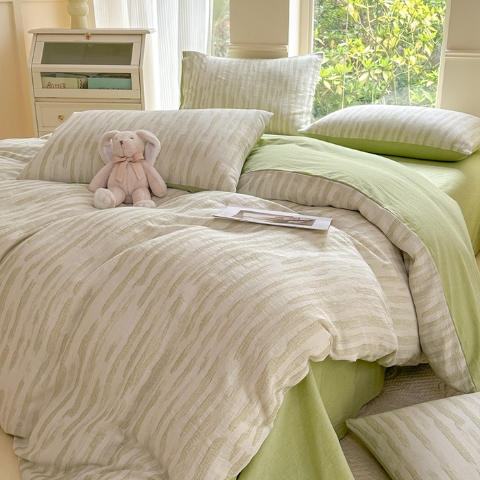 91家纺网 家纺一手货源 找家纺 菡宝 2025新款a类母婴级全棉色织三层纱提花被套纯棉被罩四件套支持定做定制尺寸 艾瑞-绿