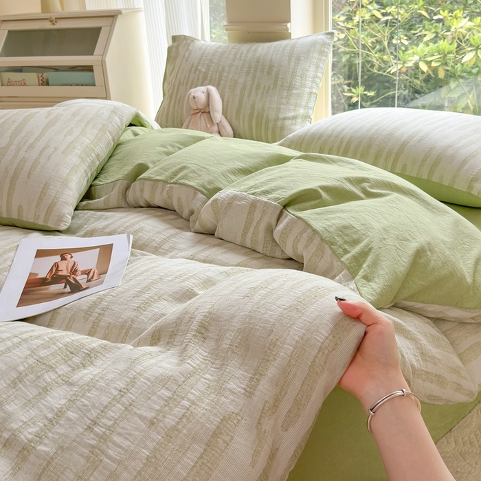 91家纺网 家纺一手货源 找家纺 菡宝 2025新款a类母婴级全棉色织三层纱提花被套纯棉被罩四件套支持定做定制尺寸 艾瑞-绿