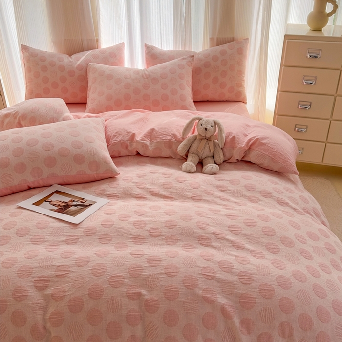 菡宝 2025新款a类母婴级全棉色织三层纱提花被套纯棉被罩四件套支持定做定制尺寸 波点-粉
