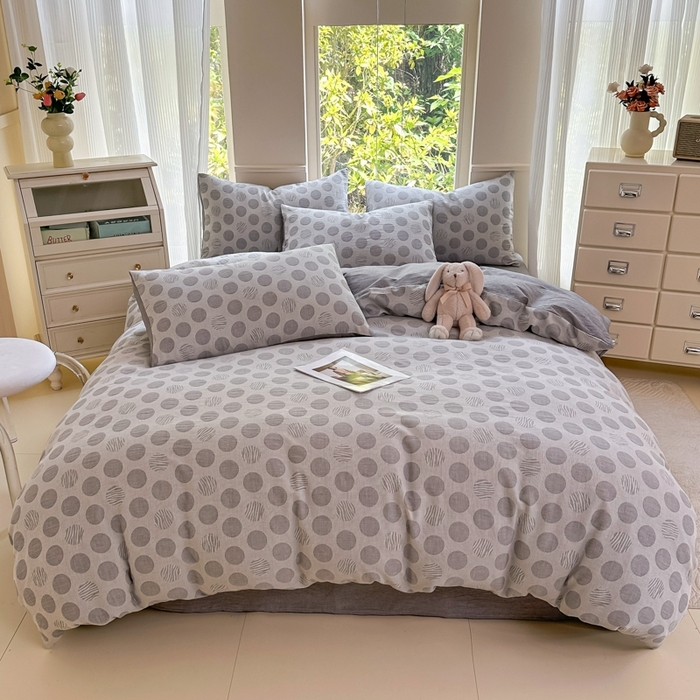 91家纺网 家纺一手货源 找家纺 菡宝 2025新款a类母婴级全棉色织三层纱提花被套纯棉被罩四件套支持定做定制尺寸 波点-灰