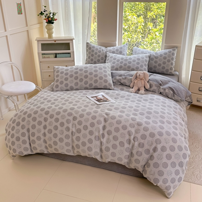 91家纺网 家纺一手货源 找家纺 菡宝 2025新款a类母婴级全棉色织三层纱提花被套纯棉被罩四件套支持定做定制尺寸 波点-灰
