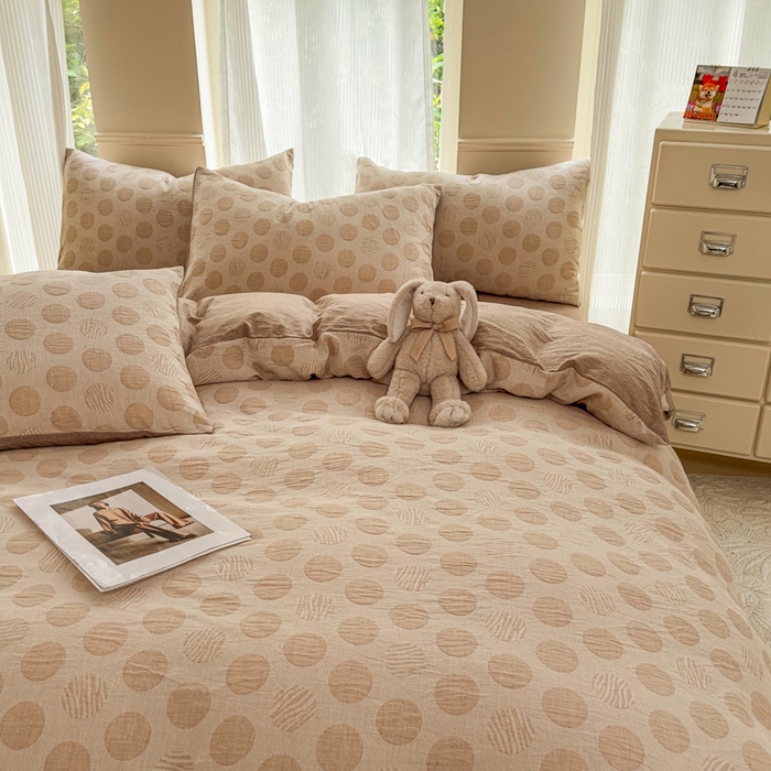 菡宝 2025新款a类母婴级全棉色织三层纱提花被套纯棉被罩四件套支持定做定制尺寸 波点-卡其