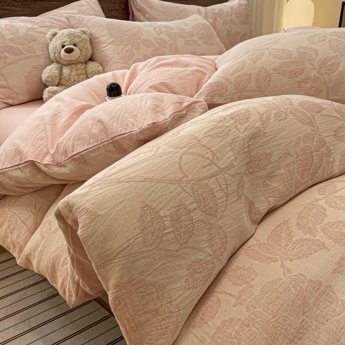 91家纺网 家纺一手货源 找家纺 菡宝 2025新款a类母婴级全棉色织三层纱提花被套纯棉被罩四件套支持定做定制尺寸 花想容-粉