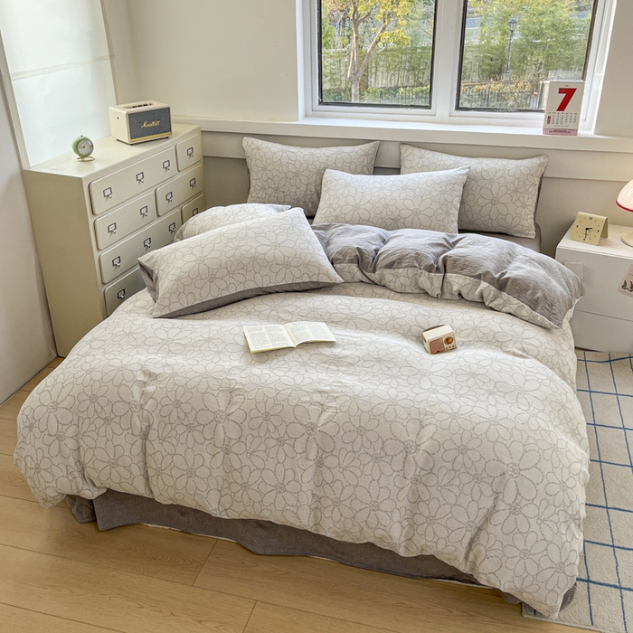 91家纺网 家纺一手货源 找家纺 菡宝 2025新款a类母婴级全棉色织三层纱提花被套纯棉被罩四件套支持定做定制尺寸 洛可可-灰