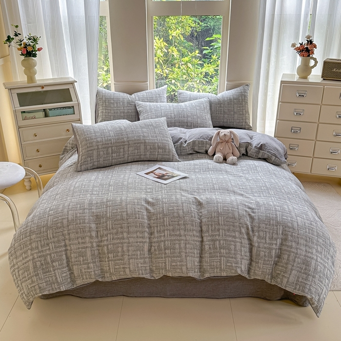 91家纺网 家纺一手货源 找家纺 菡宝 2025新款a类母婴级全棉色织三层纱提花被套纯棉被罩四件套支持定做定制尺寸 米亚-灰