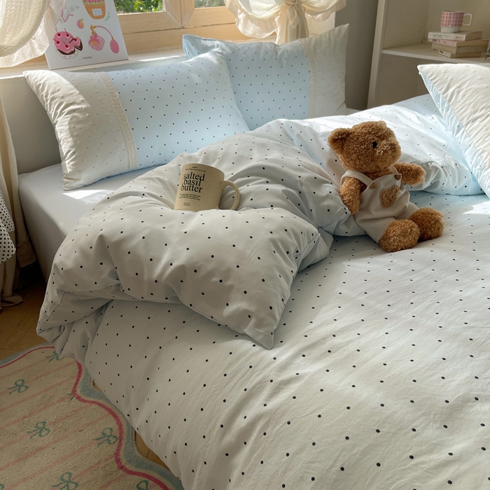 91家纺网 家纺一手货源 找家纺 桃心家居 2025新款云感水洗棉蕾丝花边四件套 水洗棉花边-蕾丝蓝点海盐