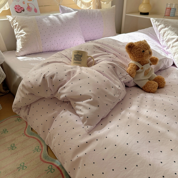 91家纺网 家纺一手货源 找家纺 桃心家居 2025新款云感水洗棉蕾丝花边四件套 水洗棉花边-蕾丝紫点奶昔