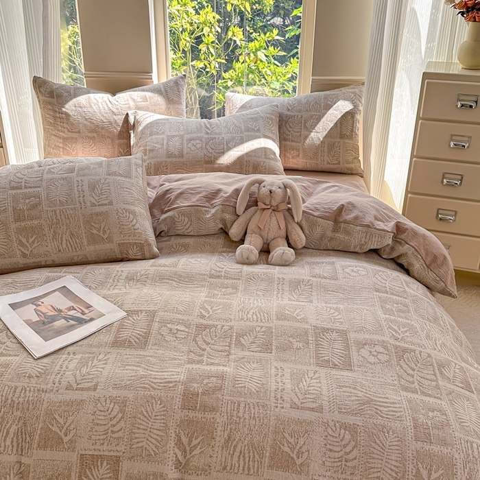 菡宝 2025新款a类母婴级全棉色织三层纱提花被套纯棉被罩四件套支持定做定制尺寸 叶之美-卡其