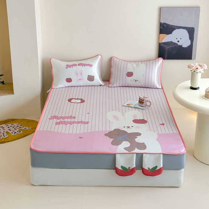 91家纺网 家纺一手货源 找家纺 澳萝拉 2025新款异形冰藤席数码印花系列席子凉席-风格二 棉花糖兔兔（床笠款）