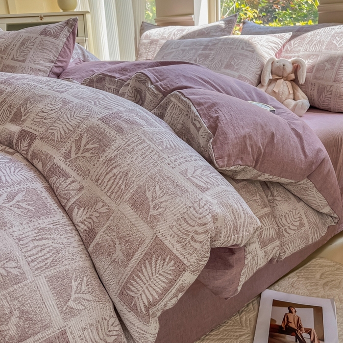 91家纺网 家纺一手货源 找家纺 菡宝 2025新款a类母婴级全棉色织三层纱提花被套纯棉被罩四件套支持定做定制尺寸 叶之美-紫