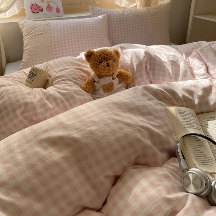 91家纺网 家纺一手货源 找家纺 桃心家居 2025新款云感水洗棉蕾丝花边四件套 水洗棉花边-蕾丝粉格蓝