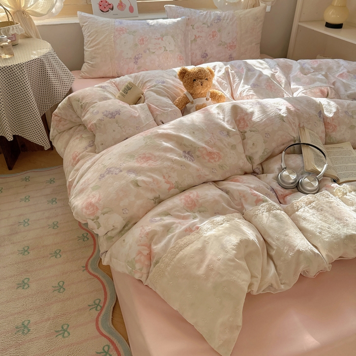 桃心家居 2025新款云感水洗棉蕾丝花边四件套 水洗棉花边-蕾丝粉恋