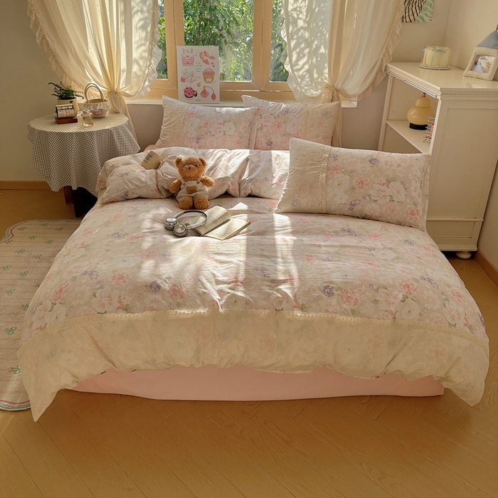 91家纺网 家纺一手货源 找家纺 桃心家居 2025新款云感水洗棉蕾丝花边四件套 水洗棉花边-蕾丝粉恋