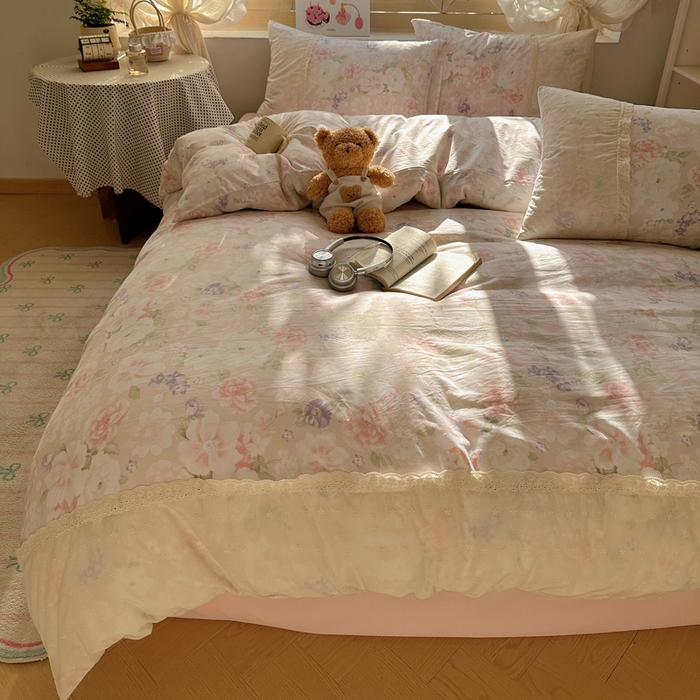 91家纺网 家纺一手货源 找家纺 桃心家居 2025新款云感水洗棉蕾丝花边四件套 水洗棉花边-蕾丝粉恋